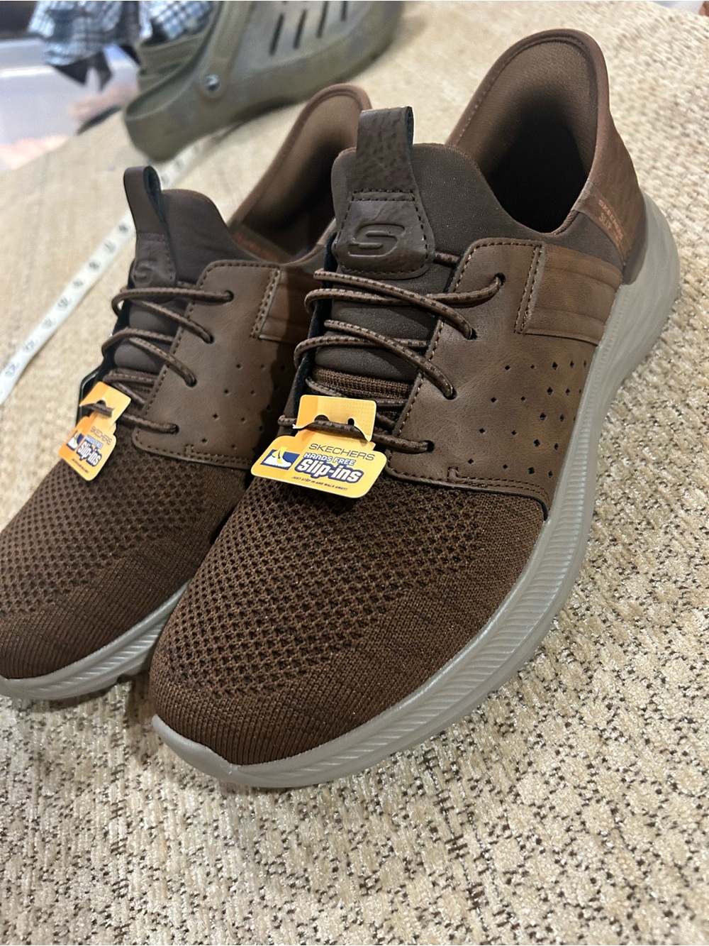 Skechers Men's Brown Knit Slip-On Sneakers with Lace Detail
